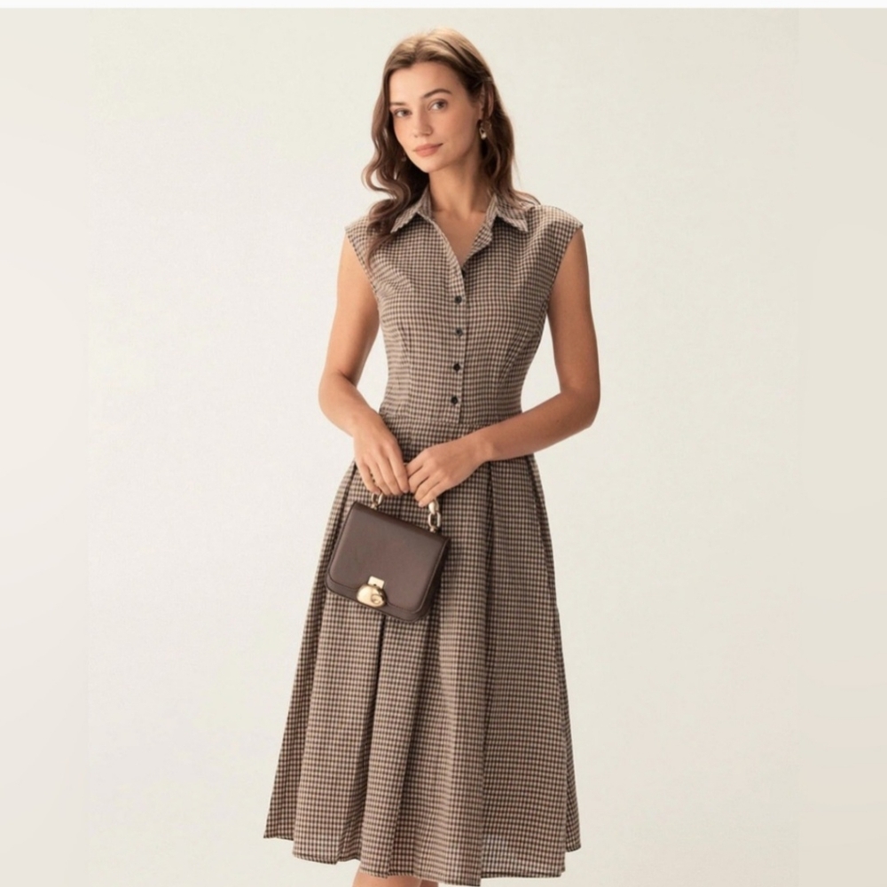 NWT Rihoas Brown Plaid Button Pleated Midi Dress - Picture 10 of 17